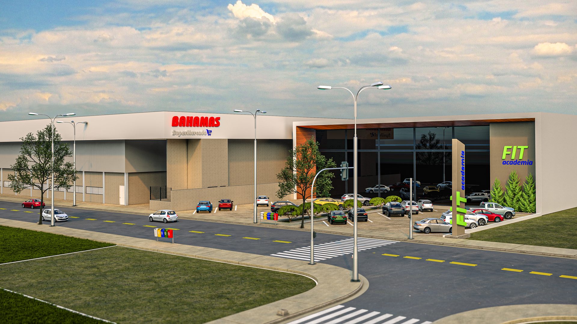 Área comercial do Villa Del Rei com supermercado BAHAMAS e academia FIT